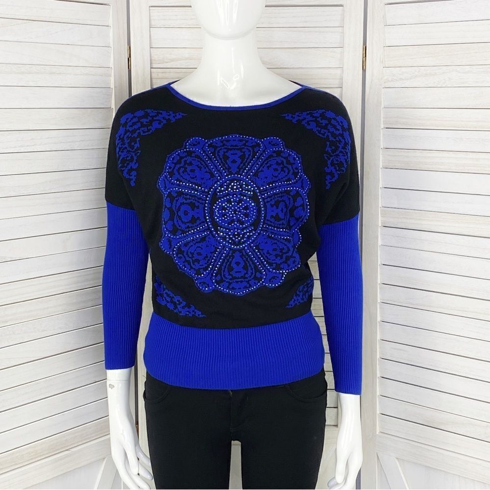 Laura Petites Mandala Print Rhinestone Colorblock Sweater Black Blue XS